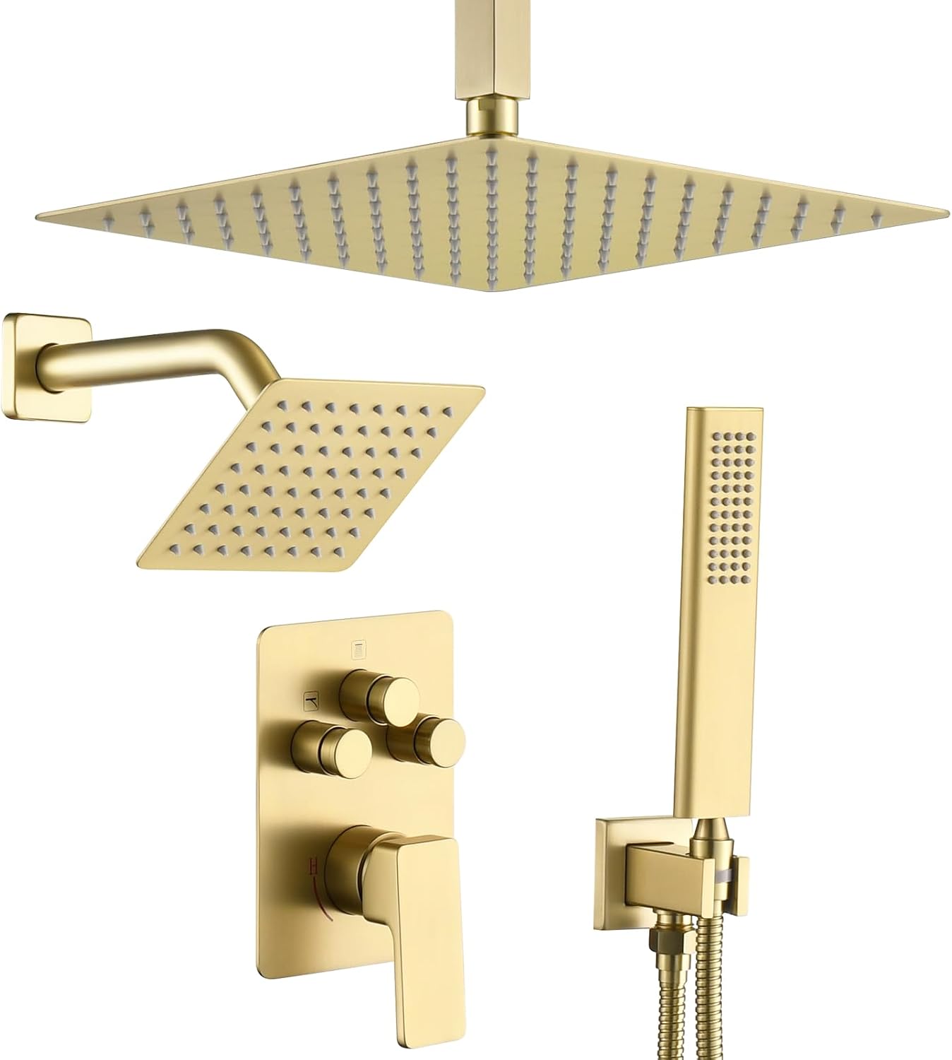 Shower Faucet Set, Brushed Gold Shower System with Rain Shower and Handheld Bathroom Ceiling 12 Inch Shower Set with Valve