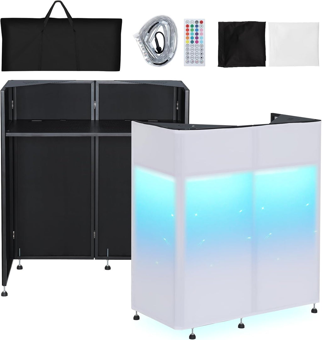 Kokorona Portable DJ Booth 20'x42.5'x45.3' with Dual Top Corners, DJ Facade Booth with Cable Hole, DJ Table Stand with Light Strip and Remote Control, Metal Frame + Black & White Scrims + Carry Bag
