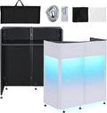Kokorona Portable DJ Booth 20'x42.5'x45.3' with Dual Top Corners, DJ Facade Booth with Cable Hole, DJ Table Stand with Light Strip and Remote Control, Metal Frame + Black & White Scrims + Carry Bag