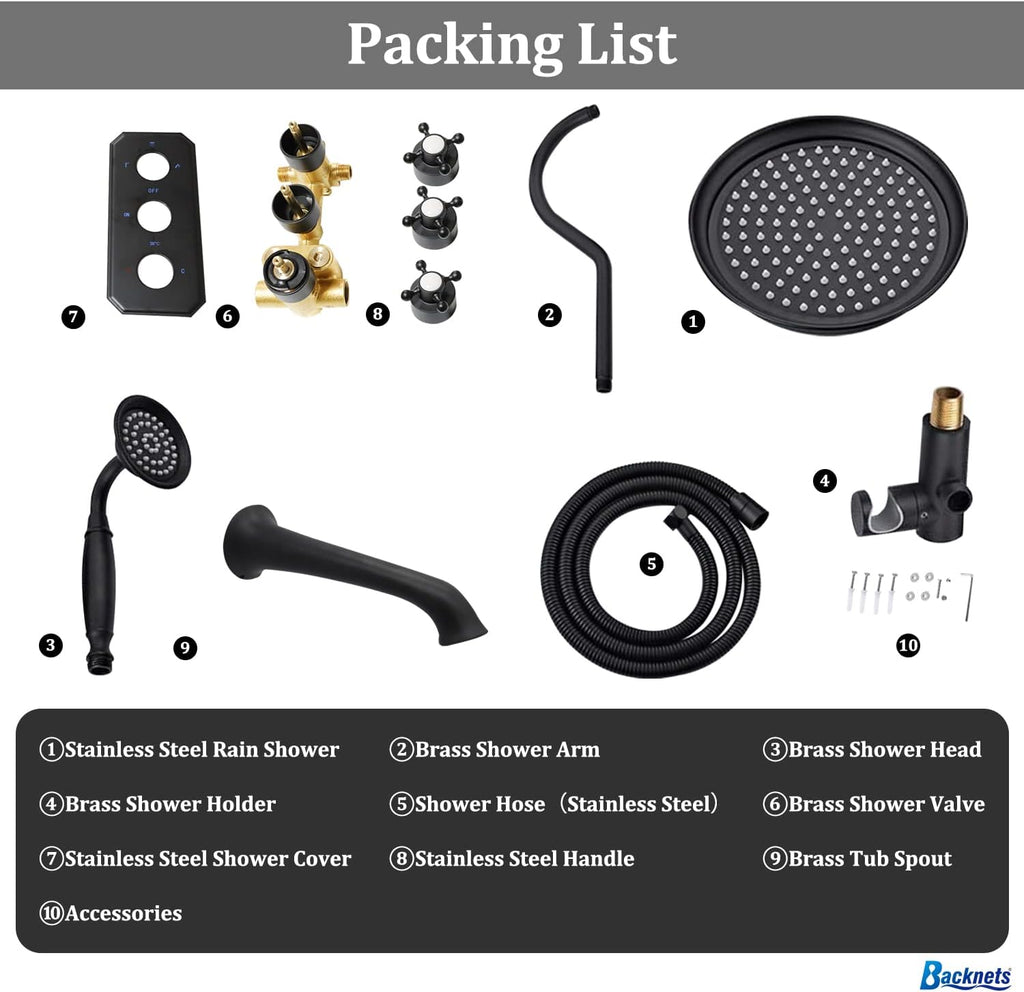All Metal Thermostatic Shower System with Tub Spout Matte Black Backnets 9 Inch Wall Mounted Shower Tub Faucet Set for Bathroom with Handheld Sprayer, Rough-in Valve Body and Trim kit