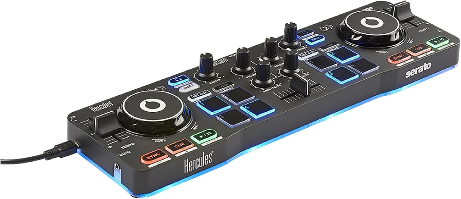 Hercules DJ Starter with Serato DJ Lite Controller and DJMonitor 32 Active Speakers Bundle With Headphones, Laptop Stand and 4-Port USB 3.0 Hub (3 Items)
