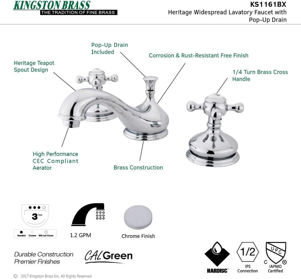 Kingston Brass KS1161BX Vintage Widespread Lavatory Faucet with Metal cross handle, Polished Chrome, 8-Inch Adjustable Center