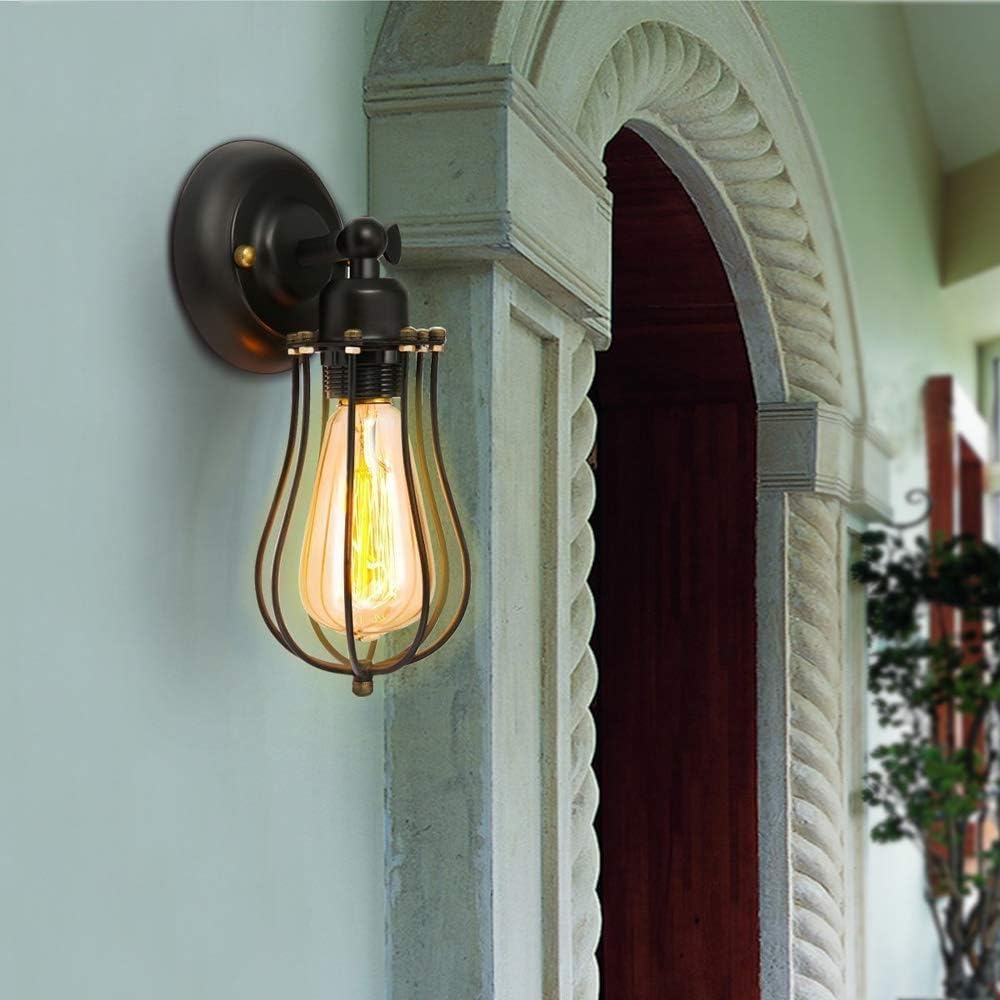 Adjustable Cage Wall Sconce, 3-Pack Vintage Industrial Wire Cage Lampshade Antique Minimalist Mini Iron Wrought Wall Light Fixture for Bar Club Loft - Black