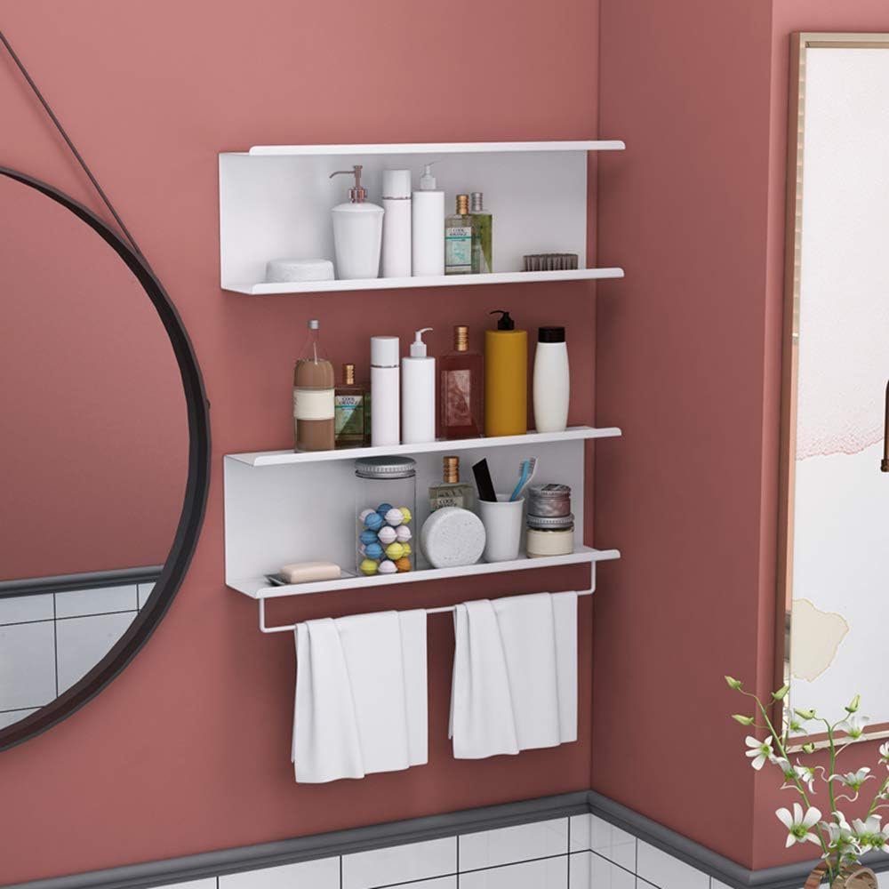 Black/White/Gold Wrought Iron Shelf Household Bathroom Wall Moisture-Proof Shelf, Towel Storage Rack, Article Storage Cabinet (White 60×15cm)