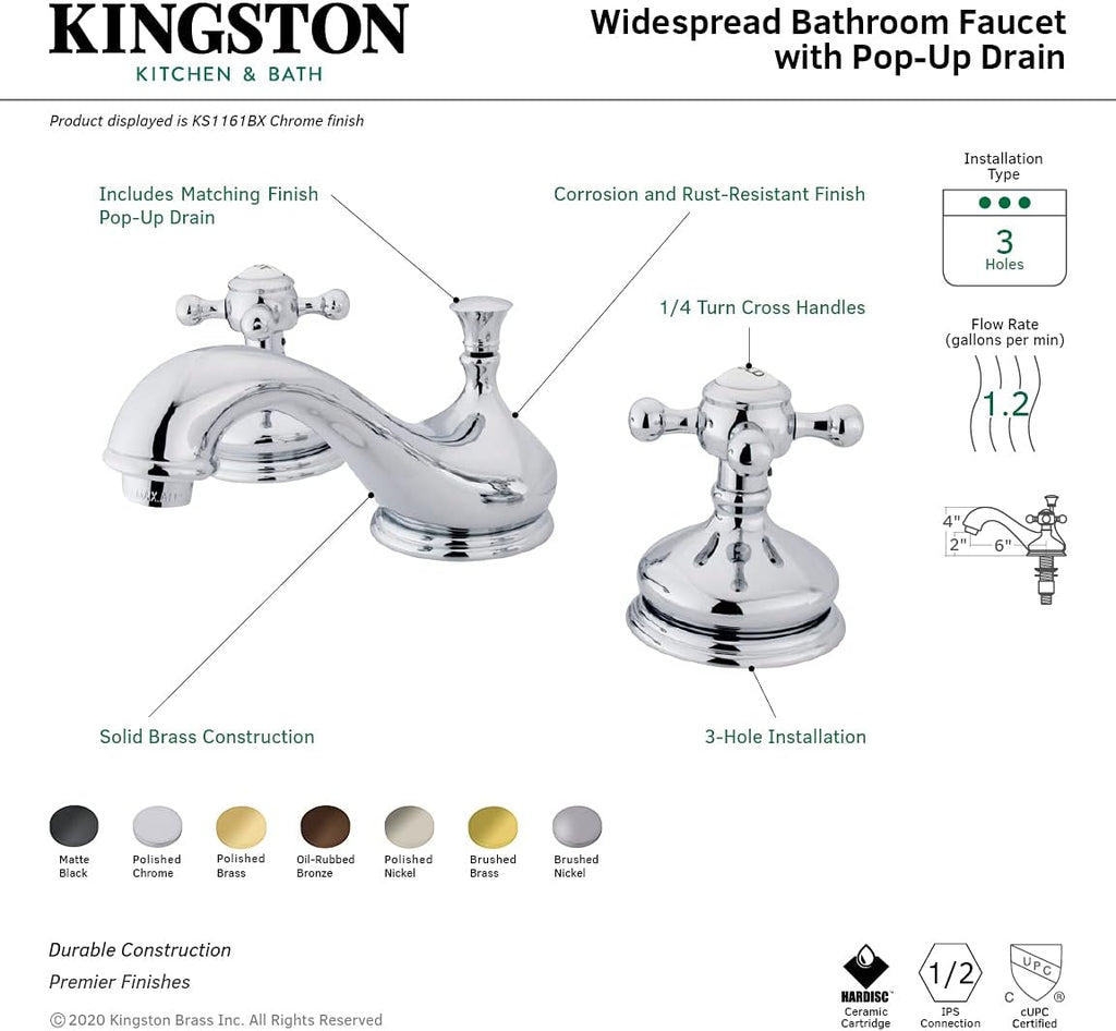 Kingston Brass KS1161BX Vintage Widespread Lavatory Faucet with Metal cross handle, Polished Chrome, 8-Inch Adjustable Center