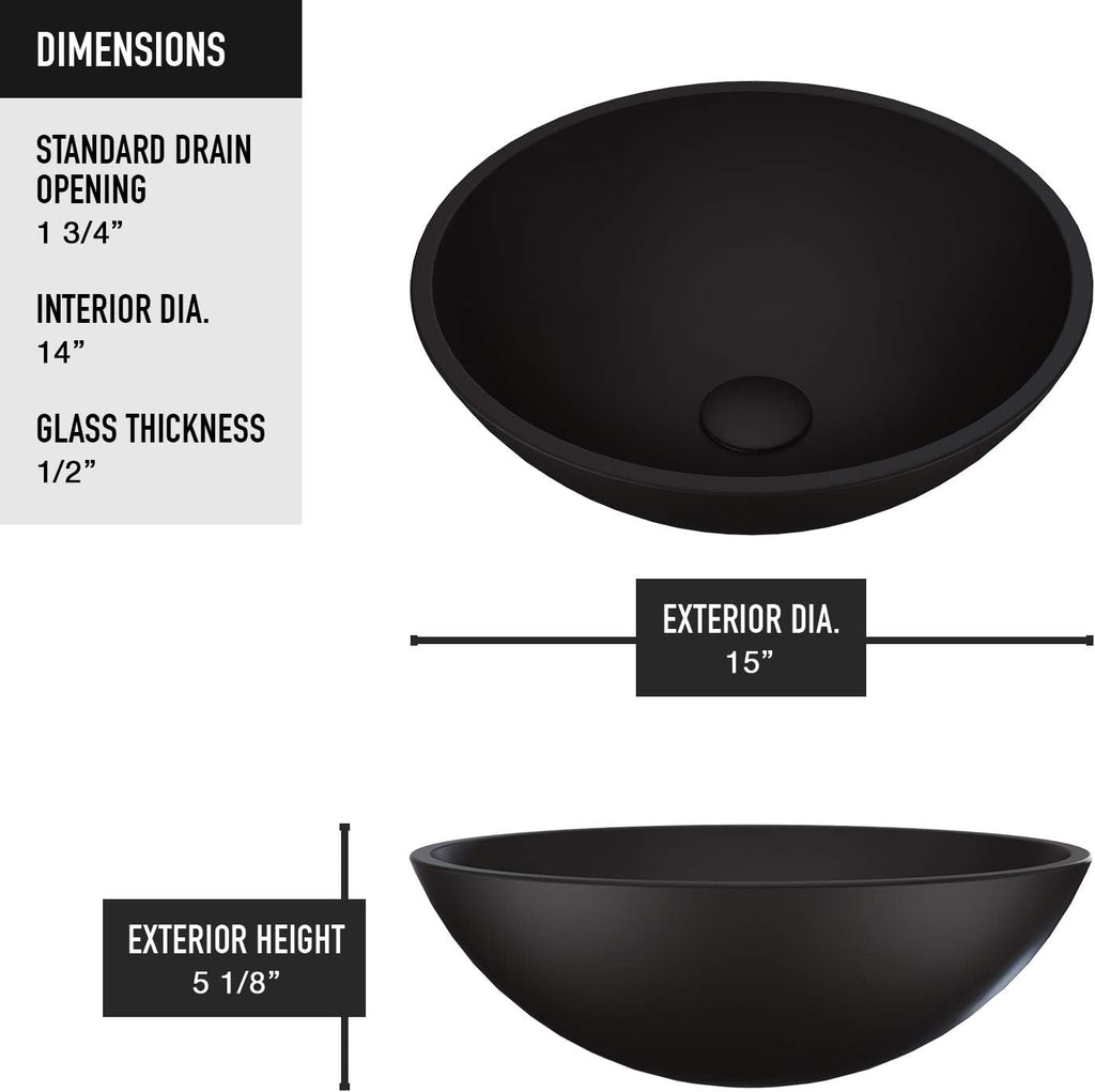 Vigo Vessel Sink Matte Black - 17' Artistic Round Bowl Sink for Bathrooms, Tempered Glass Above Counter Bathroom Sink with NonStickShield, QuickDrain & TempGuard, Modern Luxury Design