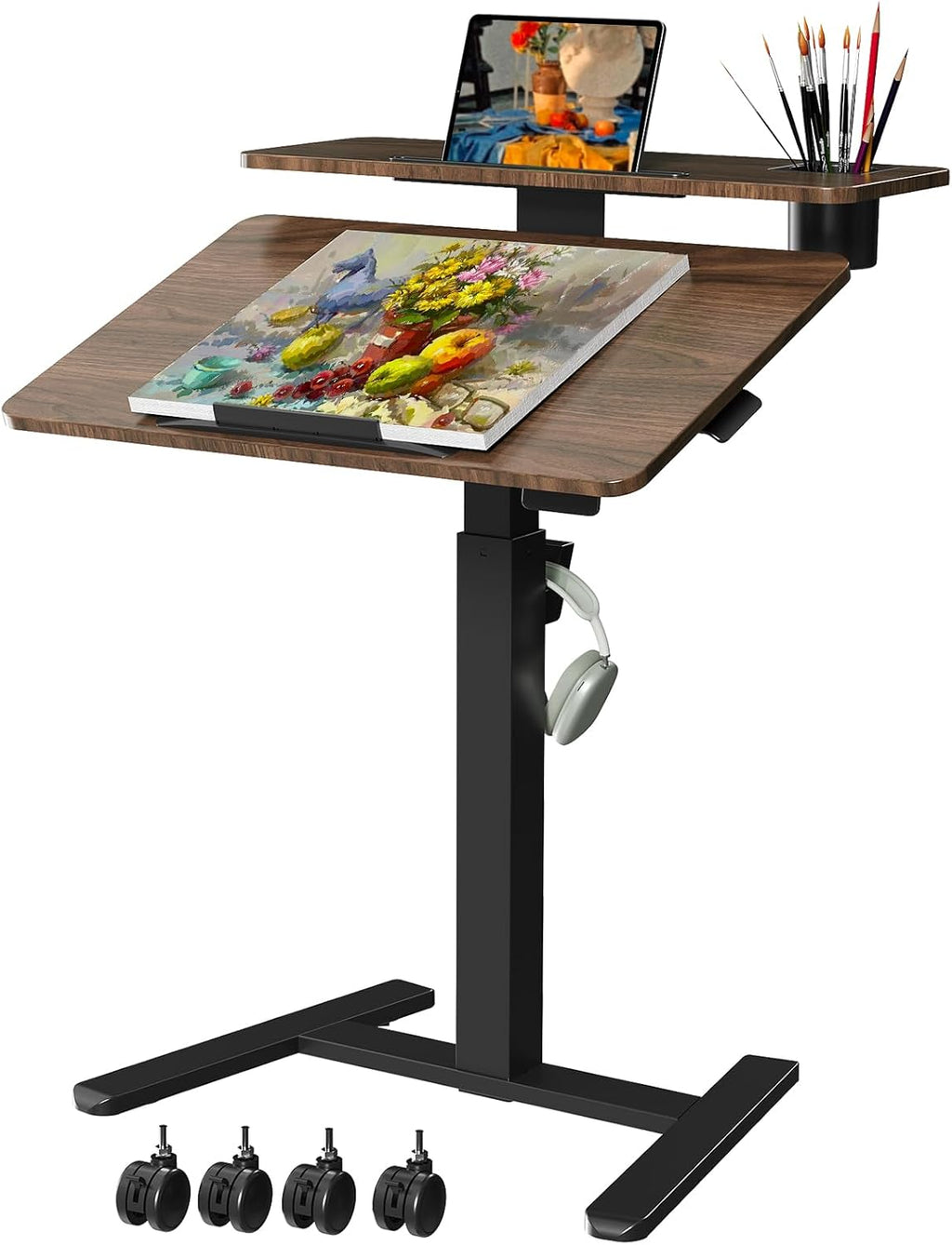 28 inch Mobile Standing Desk On Wheels， Small Computer Workstation Adjustable Height，Rolling Laptop Stand with Tiltable Desktop， 2-Tier Portable Study Table with Storage Shelf， Walnut