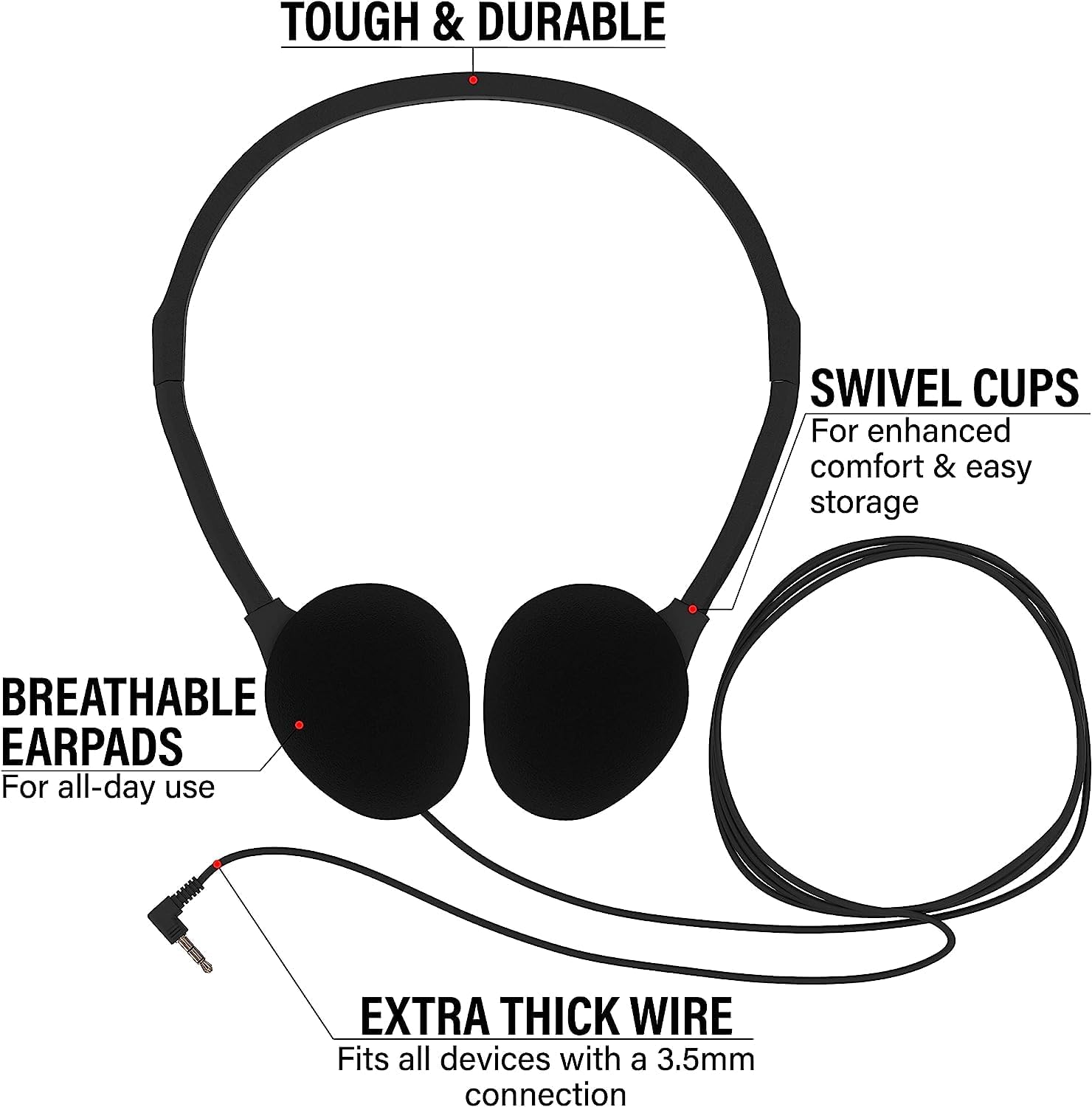 Maeline Classroom Headphones Bulk 50 Pack – 3.5mm Wired School & Office Headphones No Microphone, Student Headphones for Testing, Training, Library, Hotel, Healthcare Use – Black
