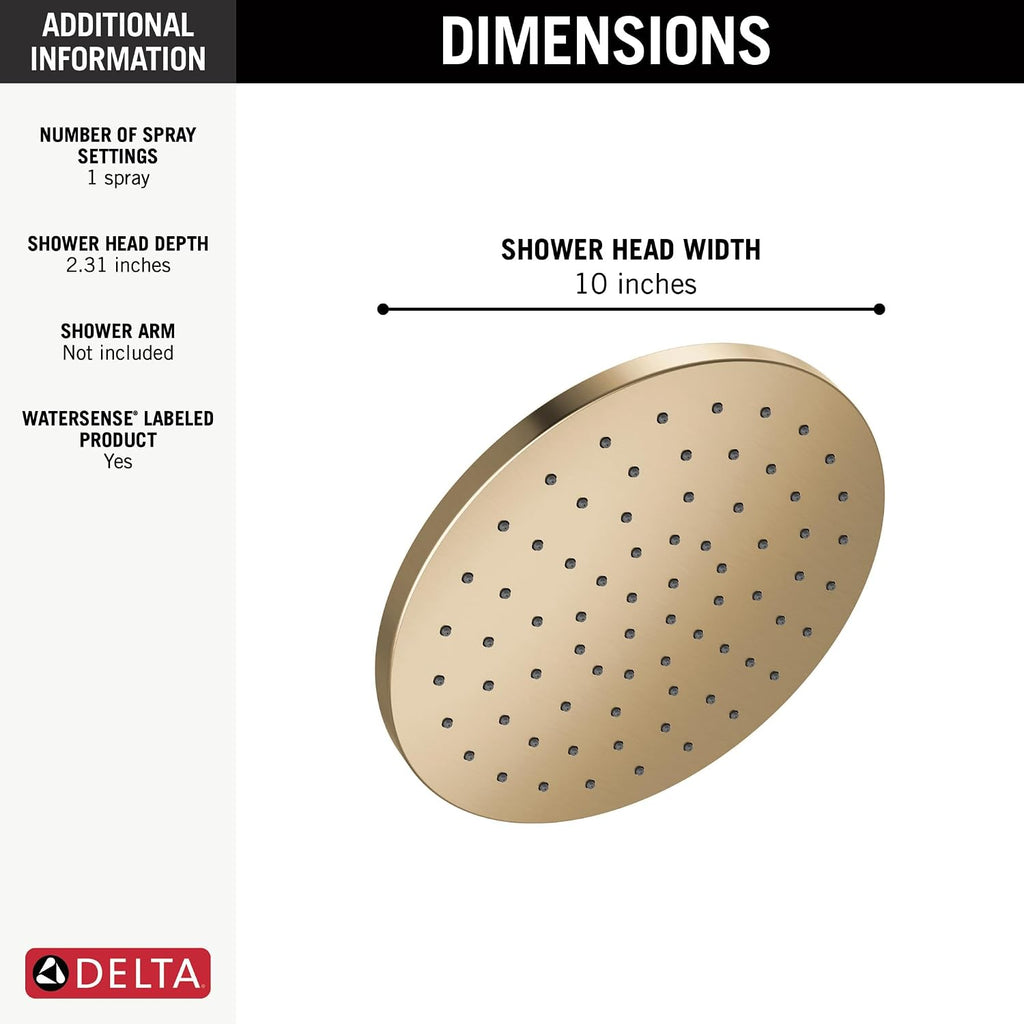 Delta Brushed Gold Rain Shower Head, 10 Inch Metal Large Shower Head Rainfall, Overhead Rain Showerhead, 1.75 GPM Flow Rate, Lumicoat Champagne Bronze 52162-CZ-PR