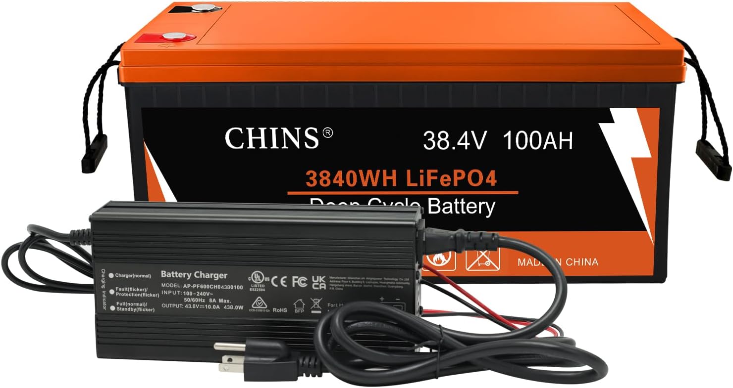 CHINS 36V 100Ah Lithium Golf Cart Battery, Bluetooth LiFePO4 Battery, Built in 200A BMS, Peak Current 1000A, Includes 36V 10A Lithium Charger, Perfect for Golf Carts, Marine etc