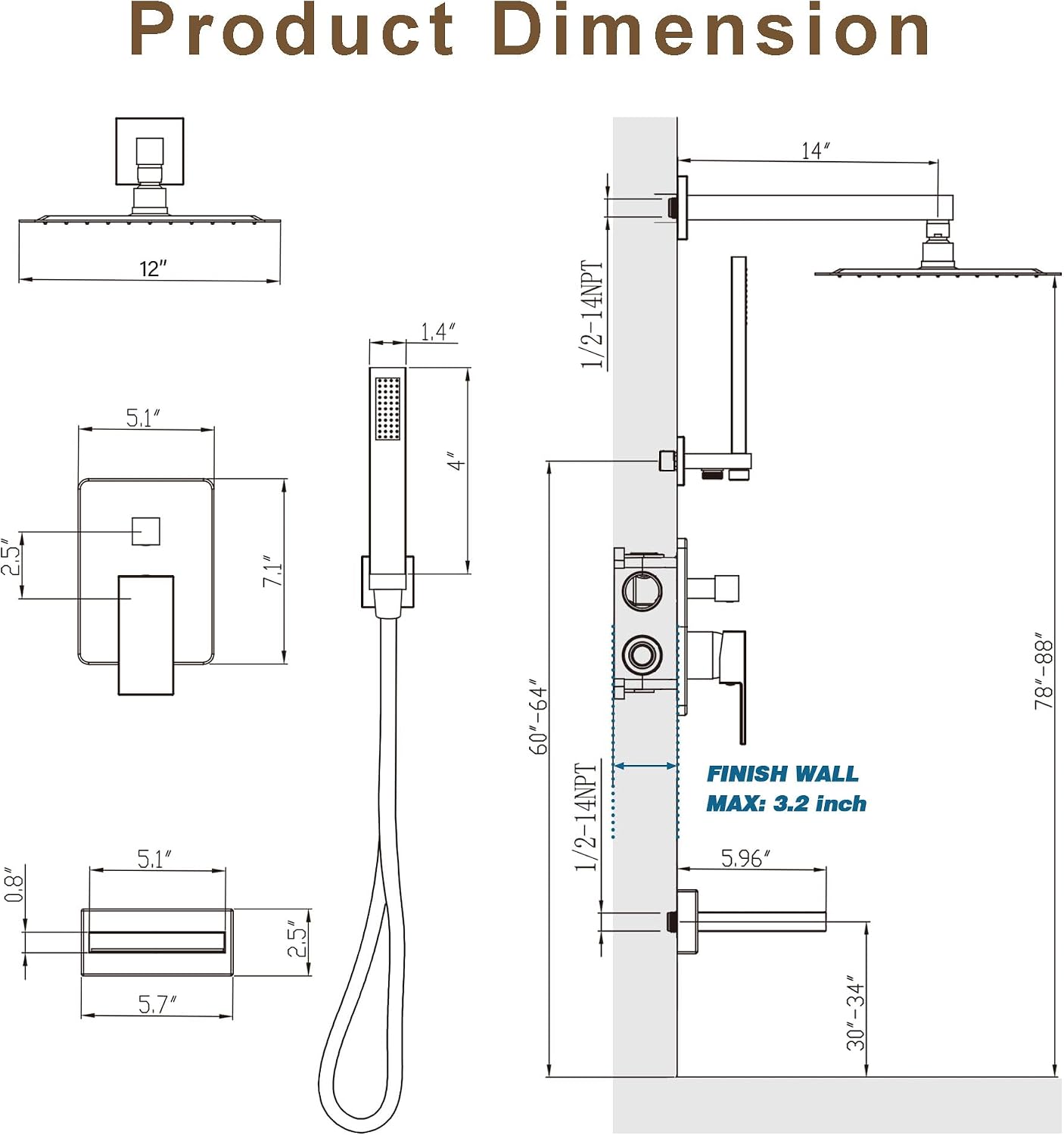 Gold Tub Shower System, All Metal Tub Shower Faucet Set with 12' Rain Shower Head and Handheld Spray combo, Wall Mounted Shower Systems with Tub Spout, Valve and Trim Kit, Brushed Gold