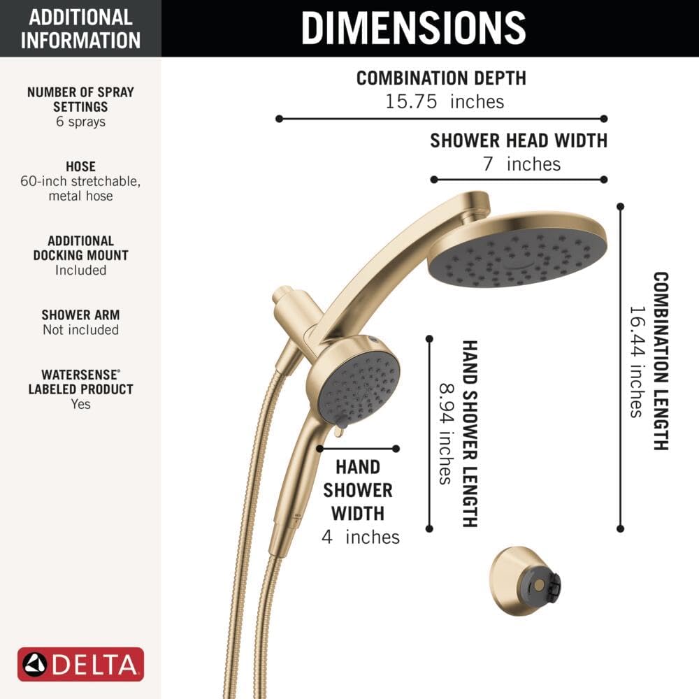 Delta 6-Setting PivotPro 3-in-1 Combination Shower Head with ProClean Spray, Brushed Gold Round Shower Head Rainfall with Handheld Spray, 1.75 GPM, Champagne Bronze 75648CZ