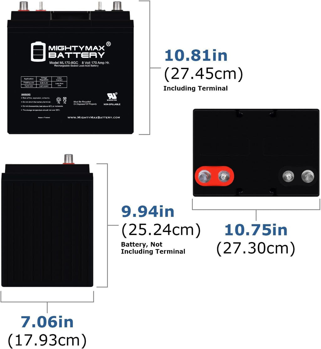 Mighty Max Battery Mighty Max Battery ML170-8GC - 8 Volt 170 AH, Dual Terminal, Rechargeable SLA AGM Battery For Golf Cart