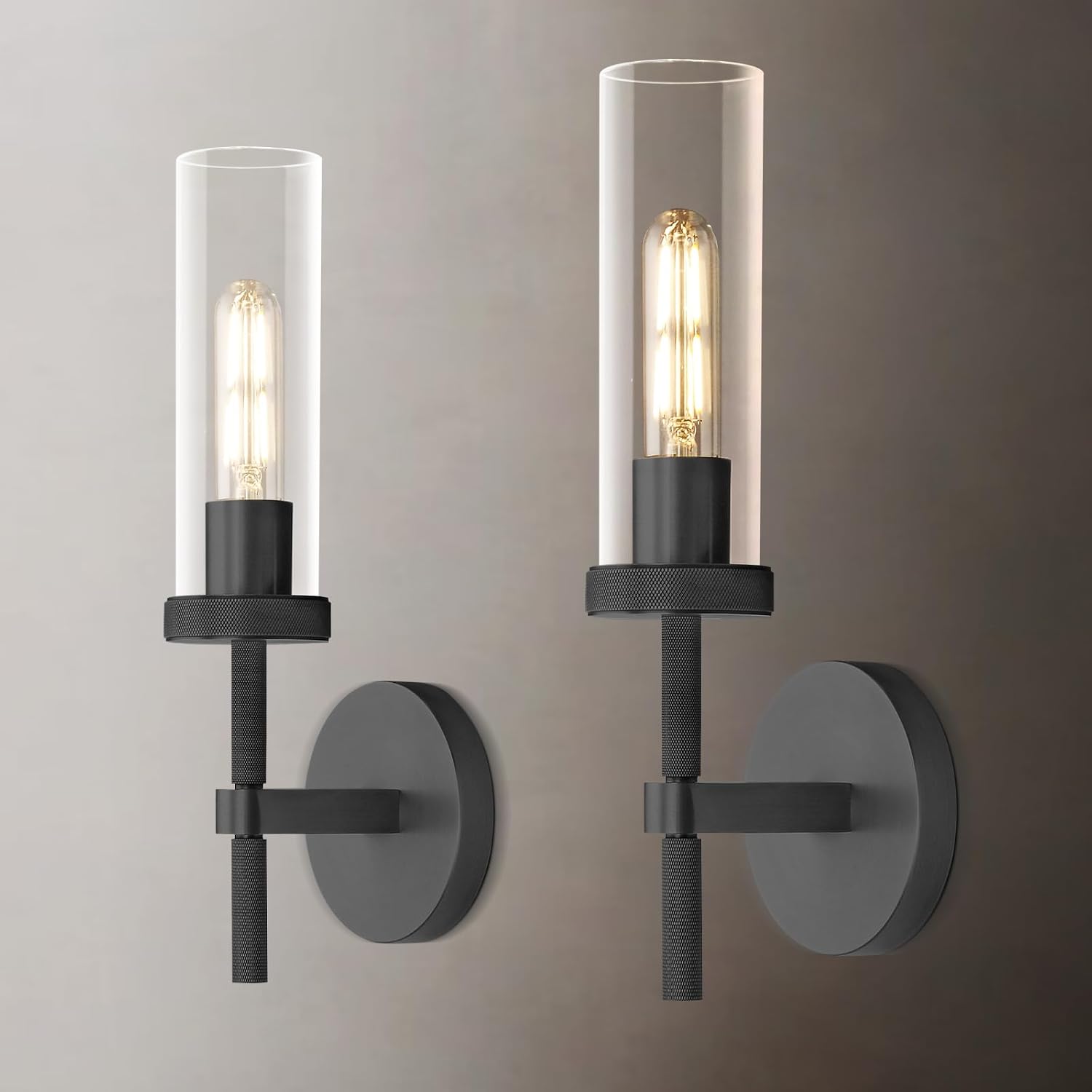 Black Wall Sconces Set of Two, 14' Bathroom Vanity Sconce Light, Glass Tube Wall Sconces, Sconces Wall Lighting Indoors, Wall Lights for Mirror, Living Room, Bedroom, Hallway (including bulb)