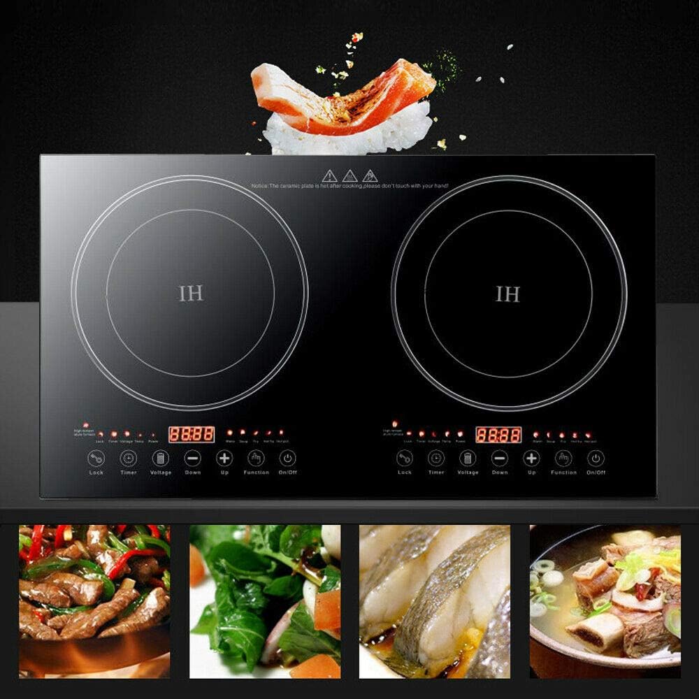 Black Crystal Panel Induction Cooker 110V Black Electric Hot Plate Stove Countertop Double Burner Dual Countertop Electric Cooktop 1200W with 8 Gear Firepower Induction Stove Cooker For Griddle, Pan