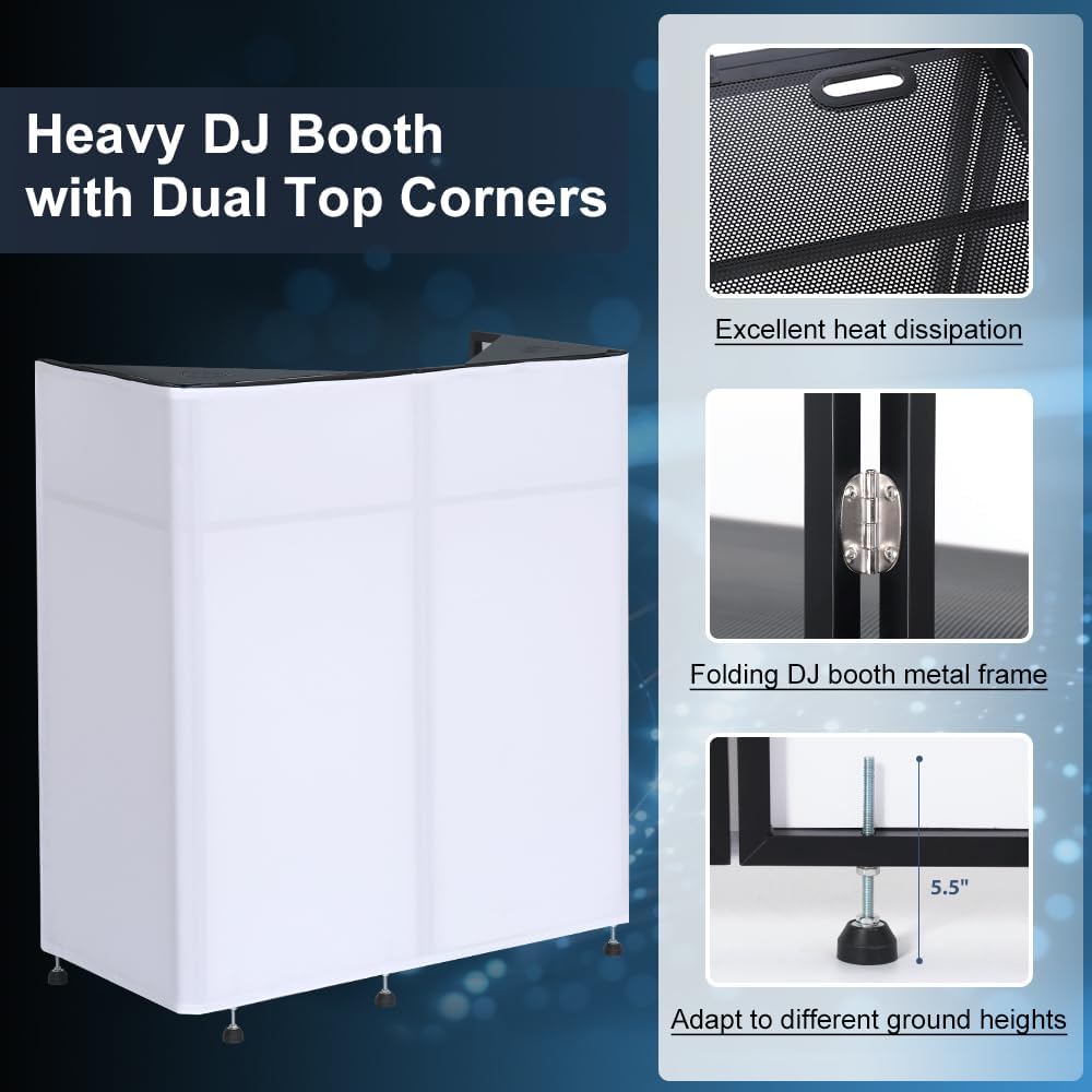 Kokorona Portable DJ Booth 20'x42.5'x45.3' with Dual Top Corners, DJ Facade Booth with Cable Hole, DJ Table Stand with Light Strip and Remote Control, Metal Frame + Black & White Scrims + Carry Bag