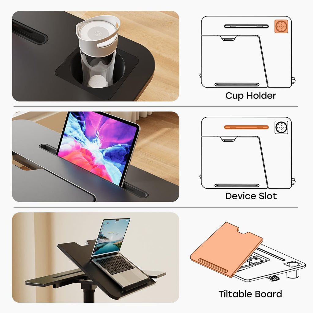 JOY worker Mobile Standing Desk, Height Adjustable Table, 60° Tiltable Rolling Laptop Desk, Portable Sit Stand Desk with Wheels Cup Holder for Bed Couch Hospital, Holds Up to 22lbs, Black