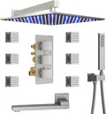 4 Way Thermostatic Shower System with Tub Spout, Handheld Spray, 6 Body Jet, 12 inch LED Rainfall Shower Head, Brushed Nickel
