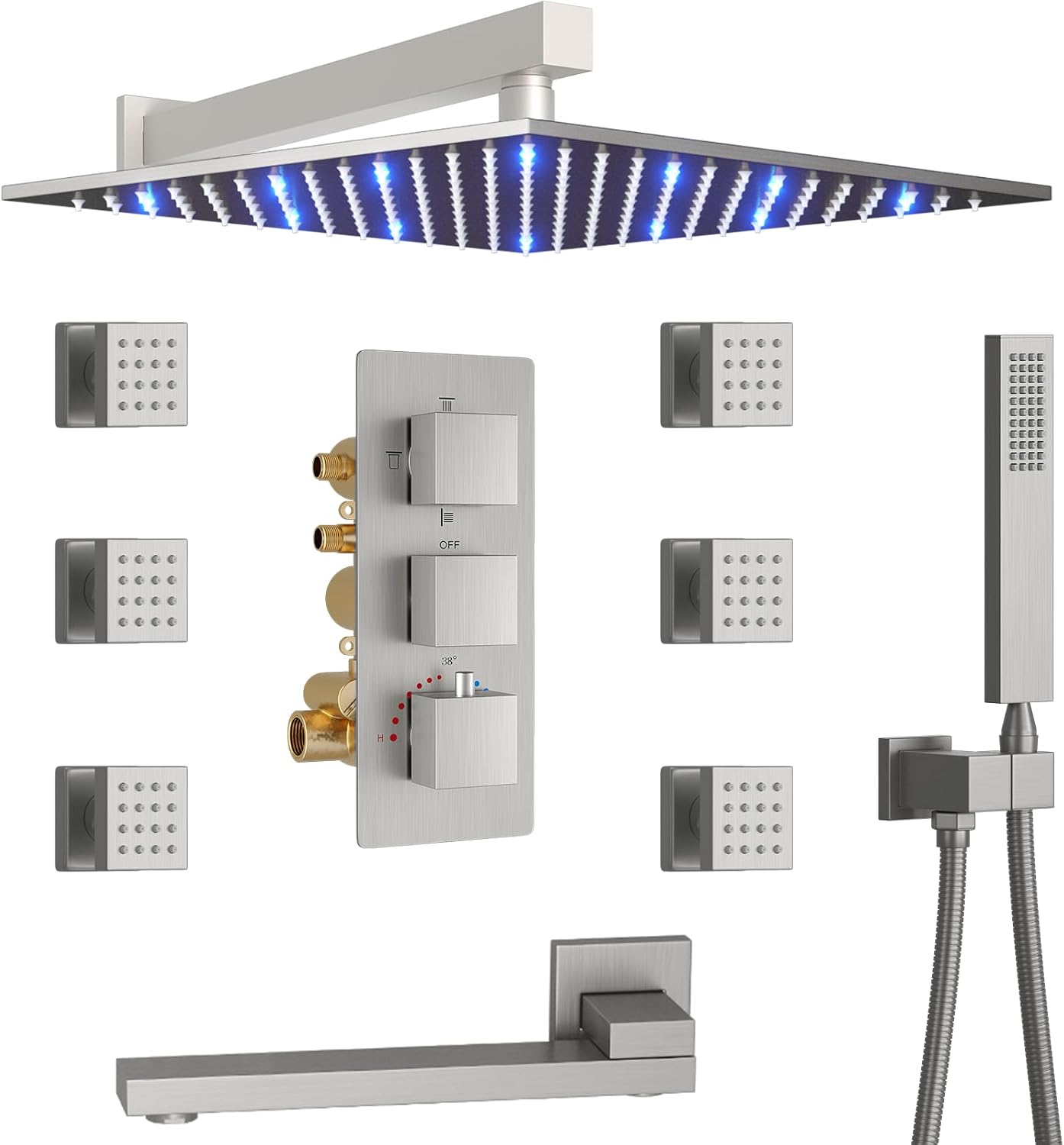 4 Way Thermostatic Shower System with Tub Spout, Handheld Spray, 6 Body Jet, 12 inch LED Rainfall Shower Head, Brushed Nickel