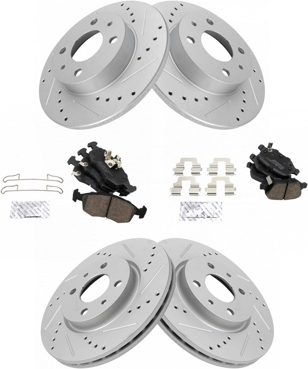 TRQ Performance Front and Rear Brake Pad and Rotor Set Ceramic Coated Drilled Slotted Rotors Compatible with 2012-2017 Fiat 500