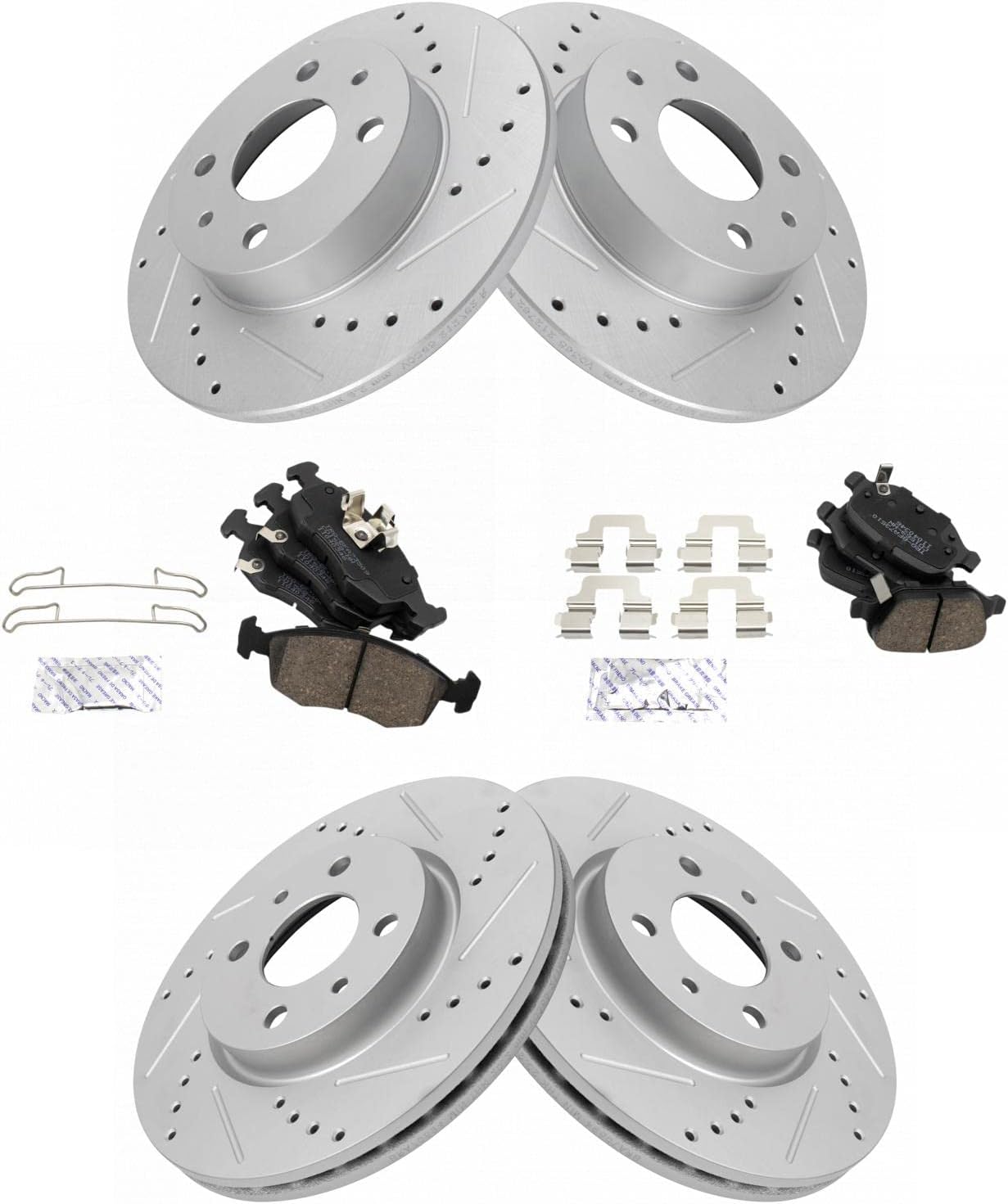 TRQ Performance Front and Rear Brake Pad and Rotor Set Ceramic Coated Drilled Slotted Rotors Compatible with 2012-2017 Fiat 500