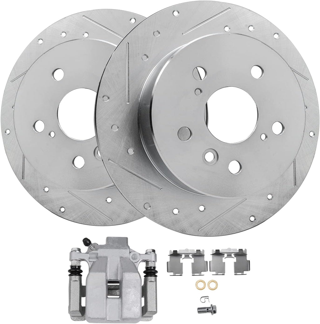 Detroit Axle - Rear Brake Kit for 2008-2011 Toyota Avalon 2007-2011 Camry 2007-2012 Lexus ES350, 2008 2009 2010, 2 Drilled & Slotted Brake Rotors + 1 Left Brake Caliper