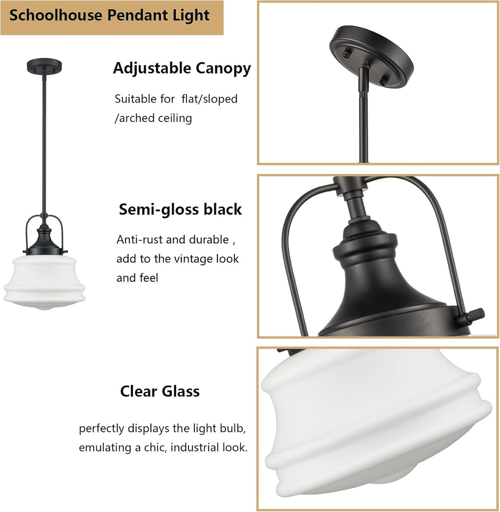 DEYNITE Industrial Black Pendant Light Rod Hanging Schoolhouse Light Milk White Shade for Kitchen Bar Bedroom Bathroom Dining Room
