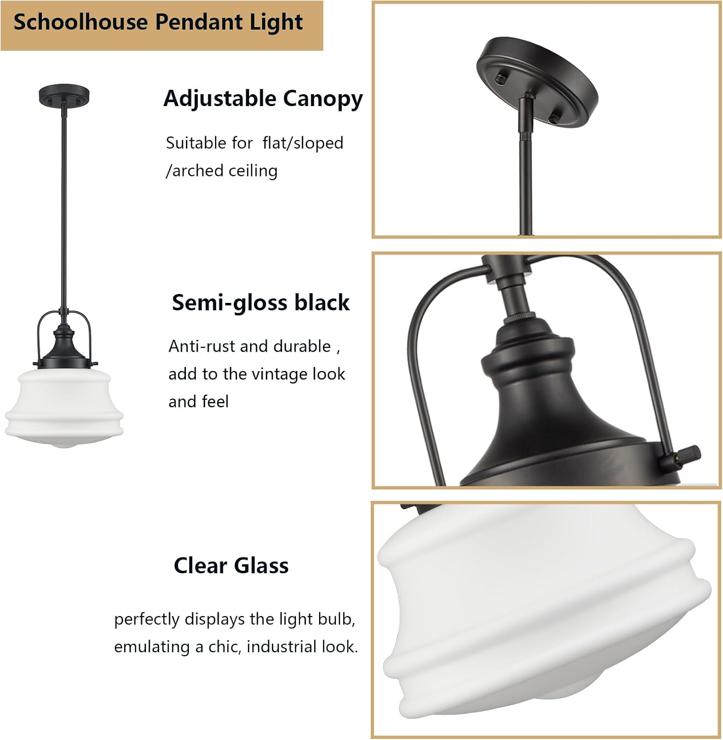 DEYNITE Industrial Black Pendant Light Rod Hanging Schoolhouse Light Milk White Shade for Kitchen Bar Bedroom Bathroom Dining Room