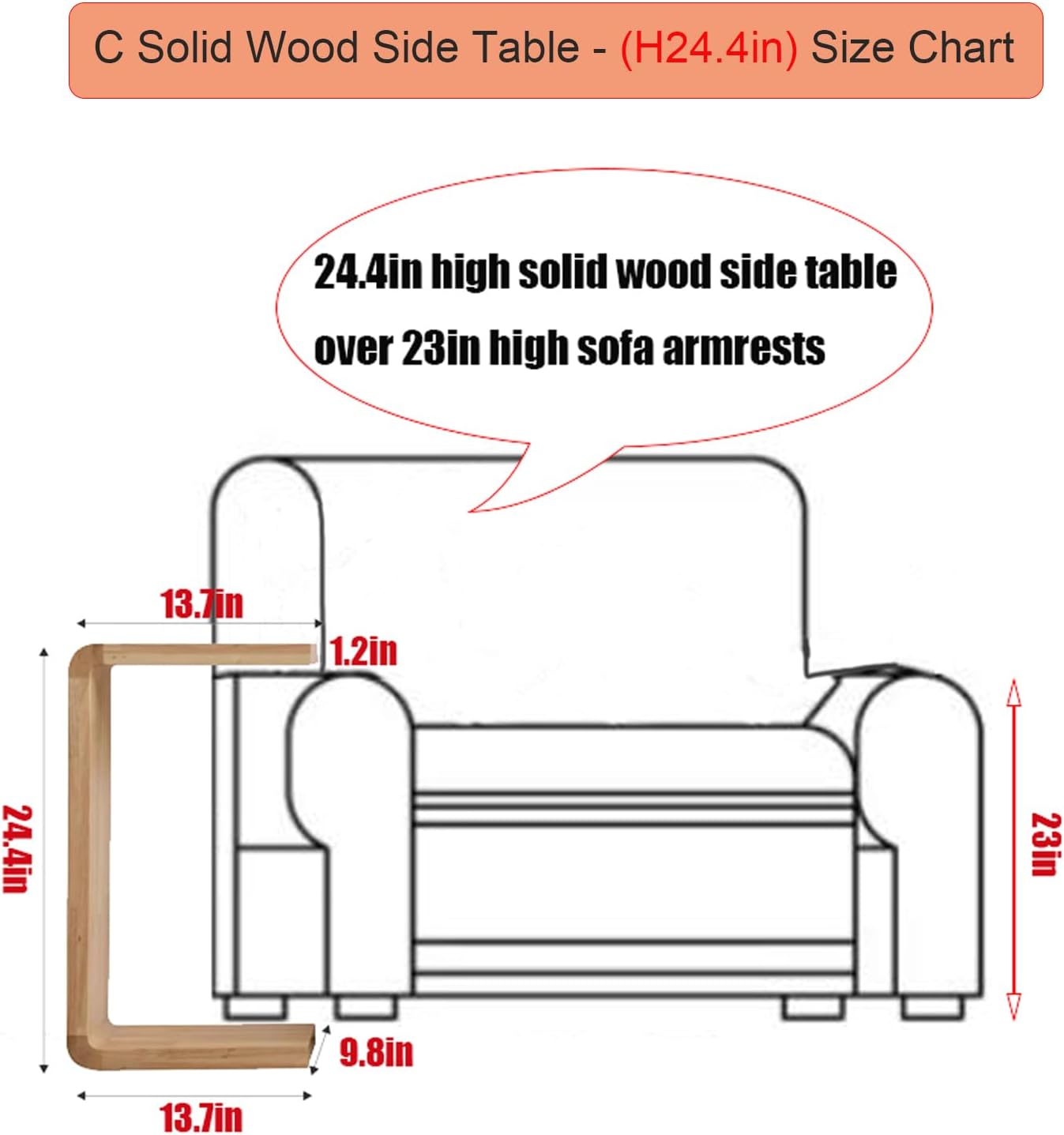 C Shaped End Table, Solid Wood Sofa Side Table for Couch, Bed, and Living Room, Space-Saving Small Snack Table for Bedroom, Office, or Balcony, Wooden Nightstand for Laptop and Narrow Spaces