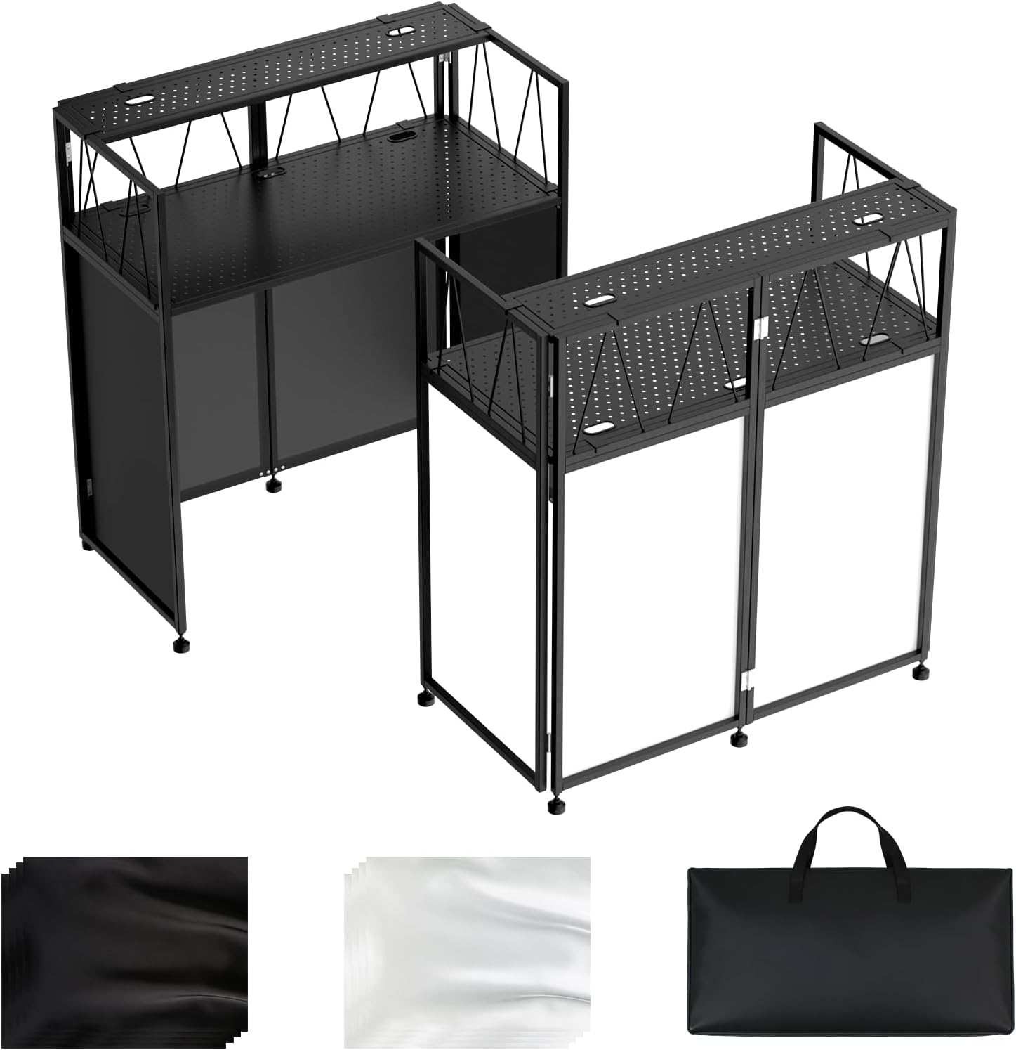 Portable DJ Table Stand, Tool-Free Setup Foldable 40' x 20' DJ Stand Booth w/ 2 Top Trays, Black & White Scrims, 4IN Adjustable Leveling Feet, 5 Cable Holes and Carry Bag, for Parties, Events, Studios