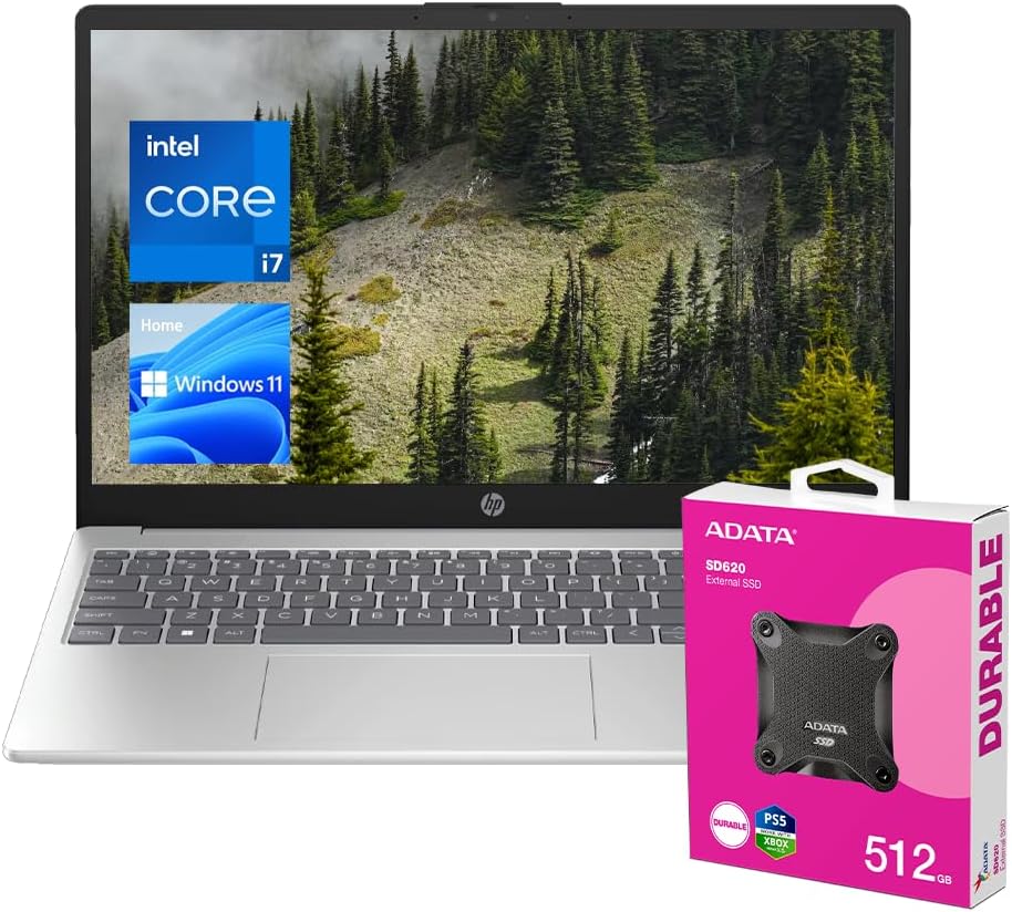 HP 2025 High-Performance 15.6' Touchscreen Laptop, FHD LED Display, Intel Core i7-1255U, 64GB RAM,2TB SSD, HDMI, Webcam, Wi-Fi 6, Windows 11 Home, Silver, Bundle with ADATA 512GB External SSD