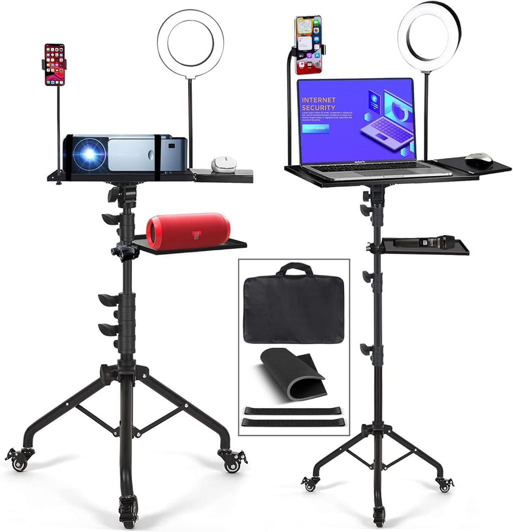 Projector Stand,Laptop Stand, Projector Tripod Stand with Wheels Adjustable Height Laptop Tripod Stand with LED Ring Light Carrying Bag 2 Shelves Mouse Tray Phone Holder Projector Music Stand Portable