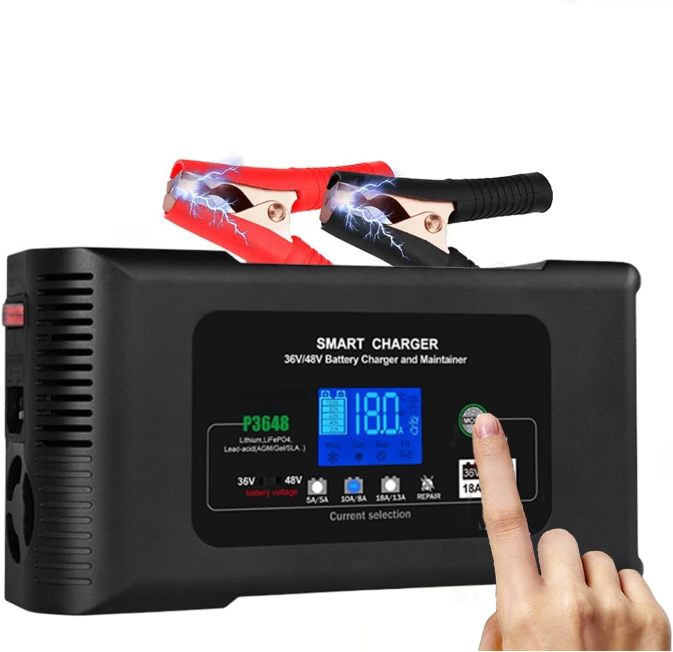 Smart 36V/48V 18A Battery Charger & Maintainer – 4-Mode LiFePO4/AGM/Lead-Acid Battery Charger with Pulse Repair, Auto Temp Control for Car, Golf Cart, Marine, Truck, Lawn Mower