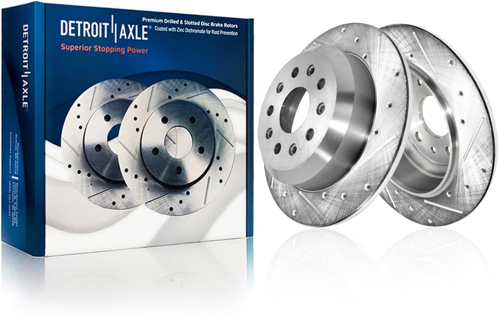 Detroit Axle - Rear Brake Kit for Jeep 2018-2023 Wrangler 13.46' inch Drilled and Slotted Disc Brake Rotors Ceramic Brakes Pads 2019 2020 2021 2022 Replacement