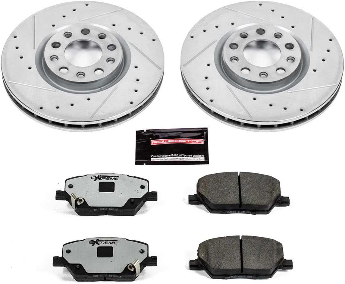 PowerStop Front Brake Kit For Fiat 500X 2016-21 |Jeep Compass 2017-22 |Renegade 2015-23 - Truck & Tow Carbon Fiber Ceramic Brake Pads + Drilled & Slotted Rotors Upgrade, K7299-36