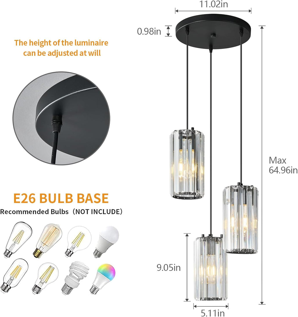Black Pendant Lighting Modern Pendant Light, Mini Crystal Chandeliers,Adjustable Pendant Light Fixture for Kitchen Island Dinning Room Corridor Bedroom(Gold 3-Light)