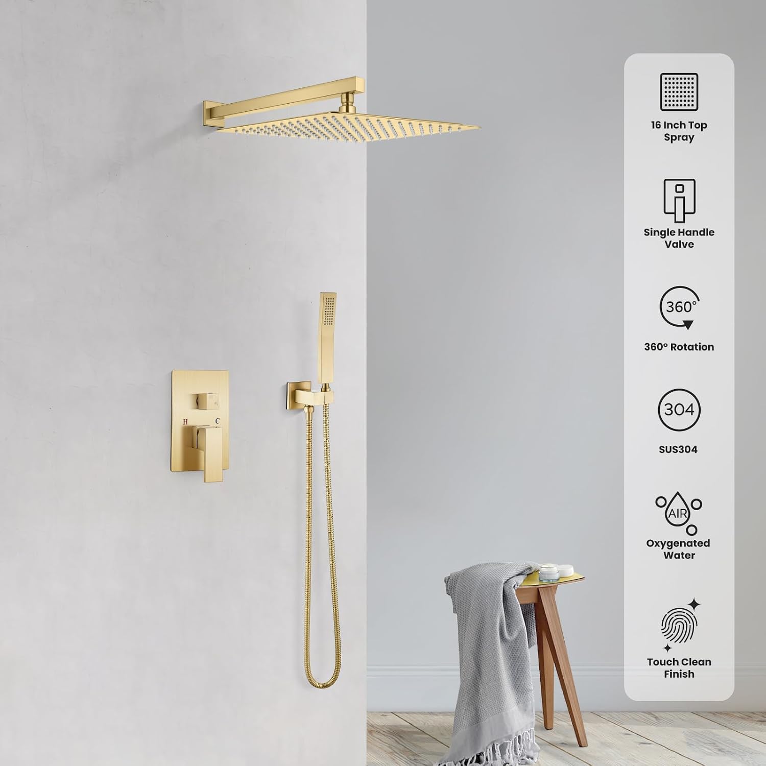 gotonovo Rainfall Bathroom Shower System Rain Shower Head and Handle Set Wall Mounted Shower Complete Combo Solid Brass Pressure Balancing Shower Mixer Valve 16 Inch Brushed Gold