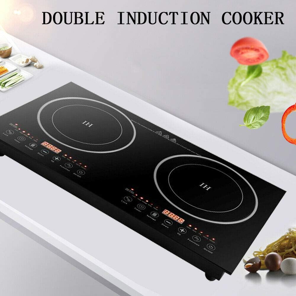 Black Crystal Panel Induction Cooker 110V Black Electric Hot Plate Stove Countertop Double Burner Dual Countertop Electric Cooktop 1200W with 8 Gear Firepower Induction Stove Cooker For Griddle, Pan