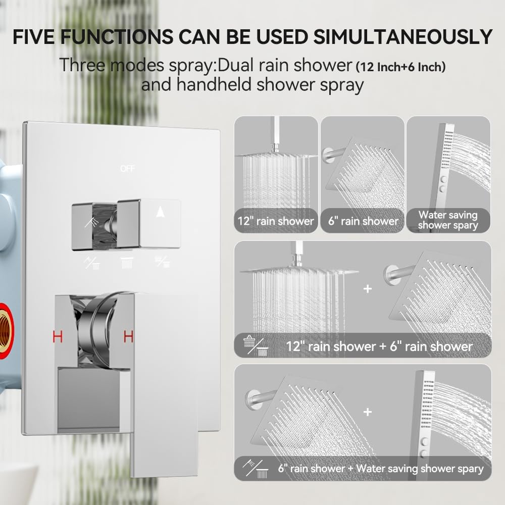 Shower System Shower Faucet Set, STARBATH 6'+12' Ceiling Mount Dual Rain Shower Head Set with 2 in 1 Handheld Spray,Rainfall Shower System with Diverter Valve and Trim Kit Complete,Chrome