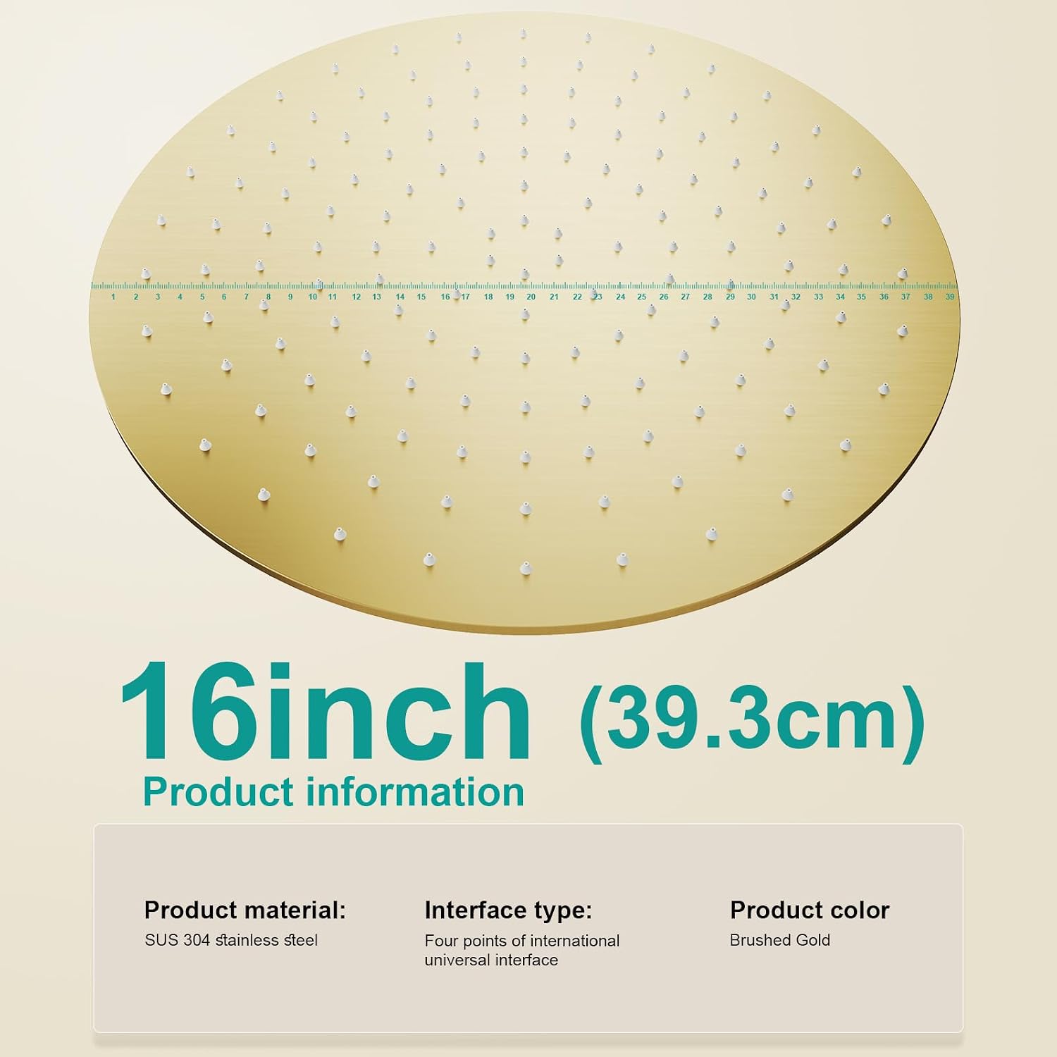 All Metal Rain Shower Head - Heavy Duty Stainless Steel, Easy Install, High Water Flow, Ultra-Thin Modern Design for Bathroom (F-Brushed Gold, 16)