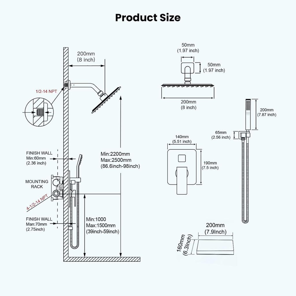 gotonovo Rain Shower Faucet System Set Rainfall Shower Head with Handheld Sprayer Waterfall Tub Spout Wall Mounted Mixer Combo Rough-in Valve and Trim Included 8 Inch Showerhead Matte Black