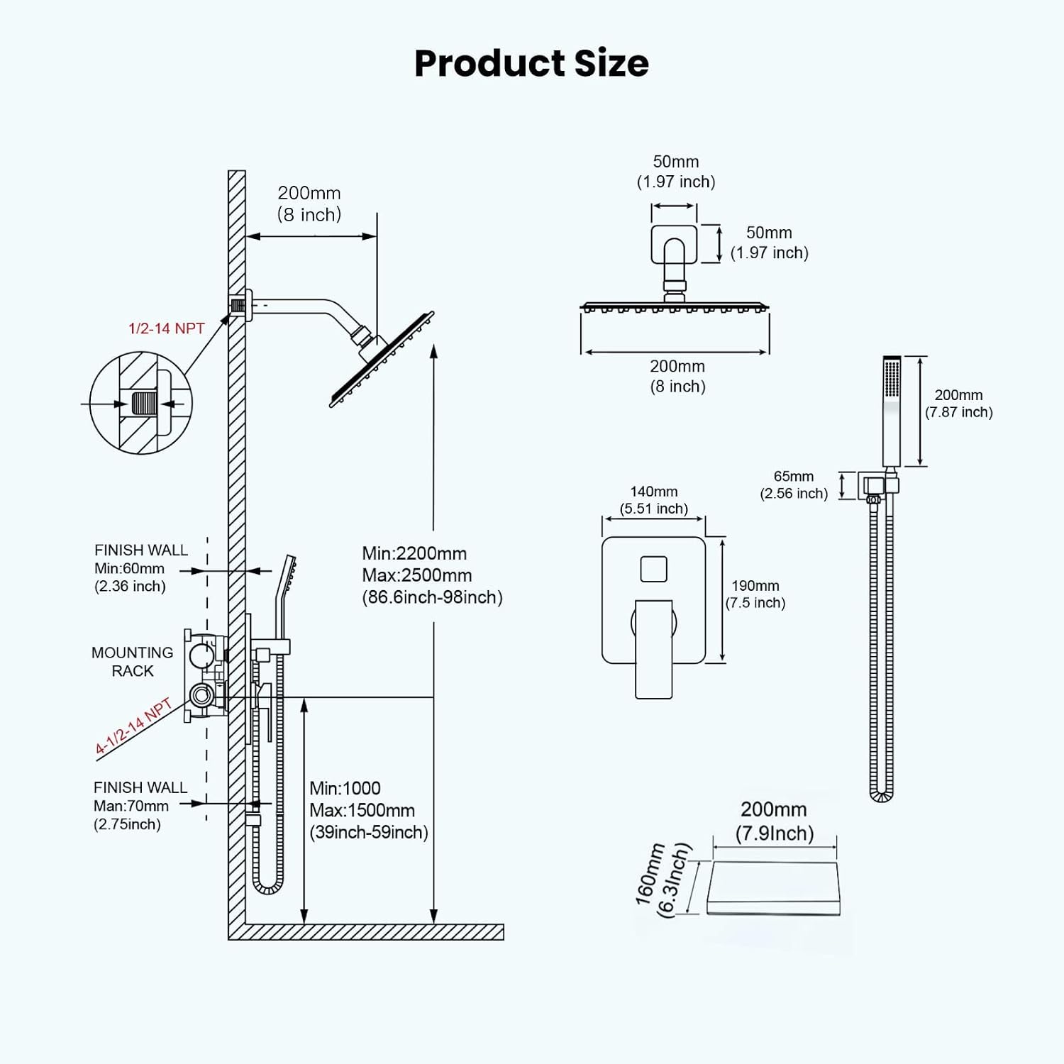 gotonovo Rain Shower Faucet System Set Rainfall Shower Head with Handheld Sprayer Waterfall Tub Spout Wall Mounted Mixer Combo Rough-in Valve and Trim Included 8 Inch Showerhead Matte Black