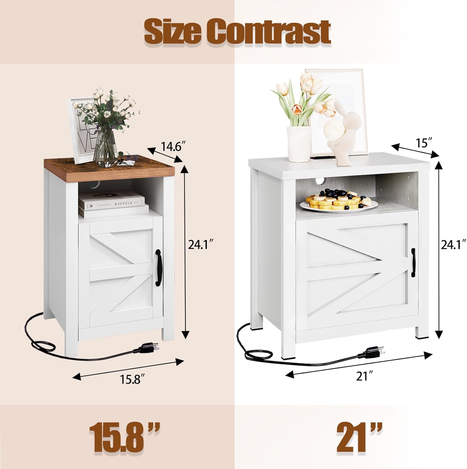 oneinmil End Table with Charging Station, Farmhouse Nightstand with Barn Door, Sofa Side Table with Storage Space 2-Piece Set, Suitable for Livingroom and Bedroom,White