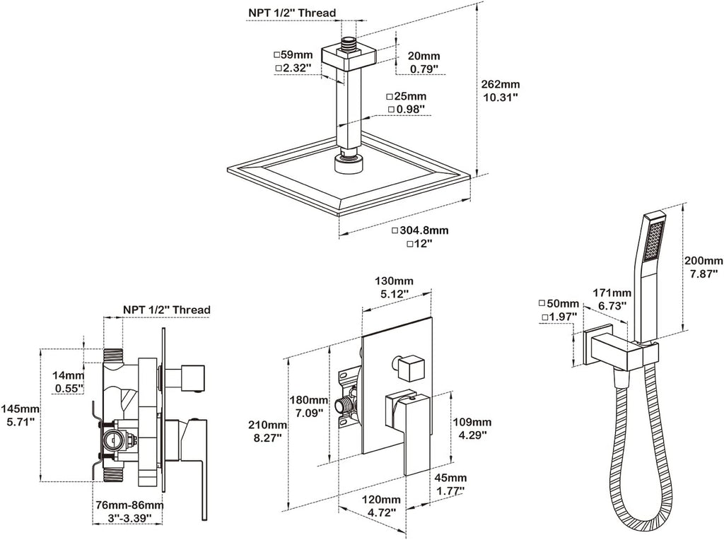 Shower System 12 Inches Rain Shower Combo Set Black Ceiling Mount Shower Faucet Bathroom Faucets with Rainfall Shower Head and Hand Shower