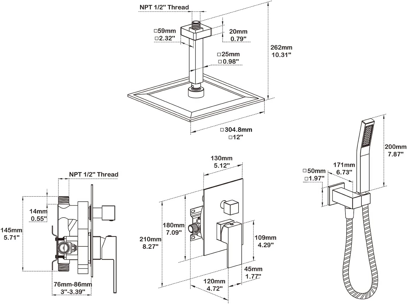 Shower System 12 Inches Rain Shower Combo Set Black Ceiling Mount Shower Faucet Bathroom Faucets with Rainfall Shower Head and Hand Shower