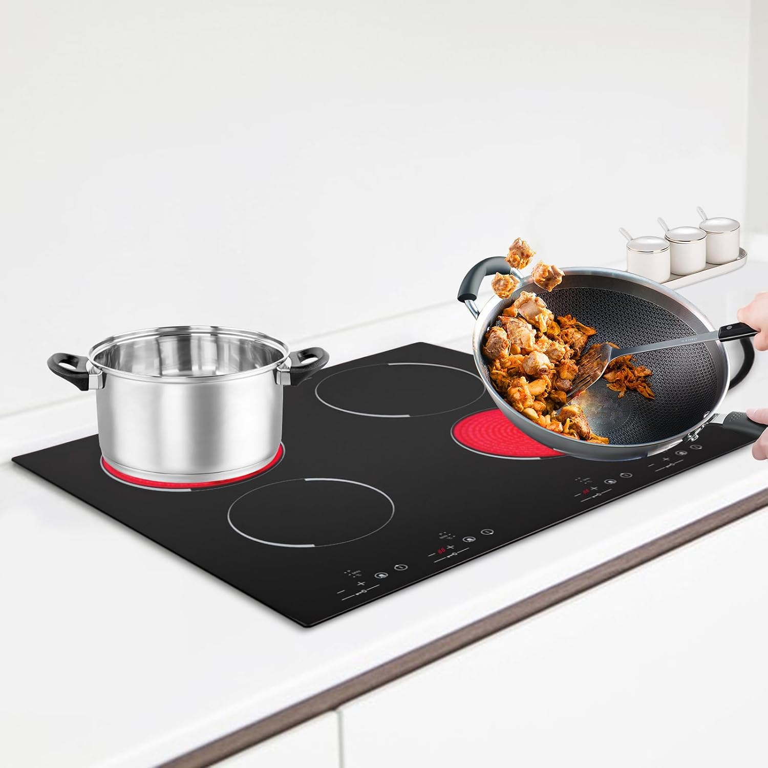 3000W 4 Burners Electric Ceramic Induction Cooktop Built-in Cooktop Electric Stove Top with 4 Electric Burners, 9 Heating Level, Safety Lock, Sensor Touch Control (900W+600W+900W+600W)