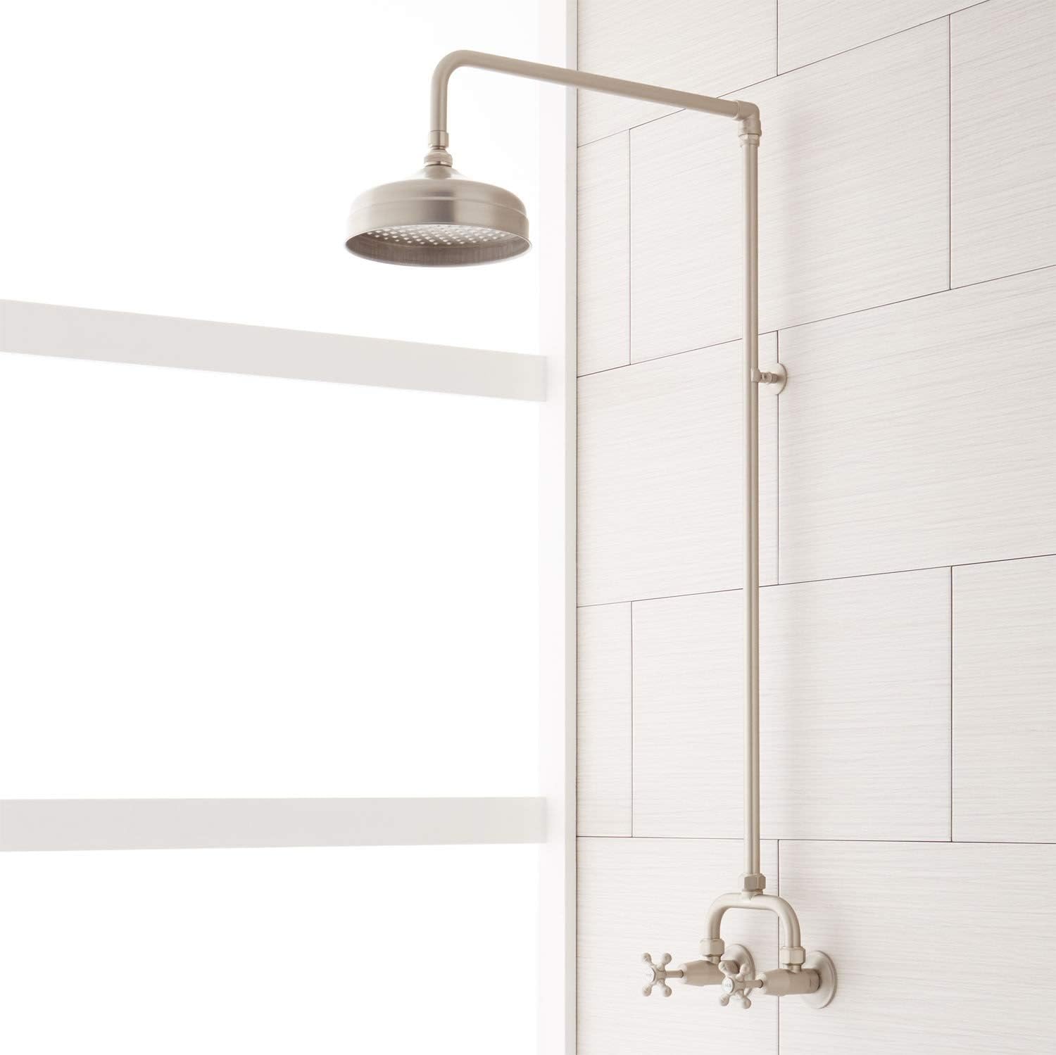 Signature Hardware 370007 Baudette Exposed Wall Mounted Shower with Rainfall Shower Head - Brushed Nickel