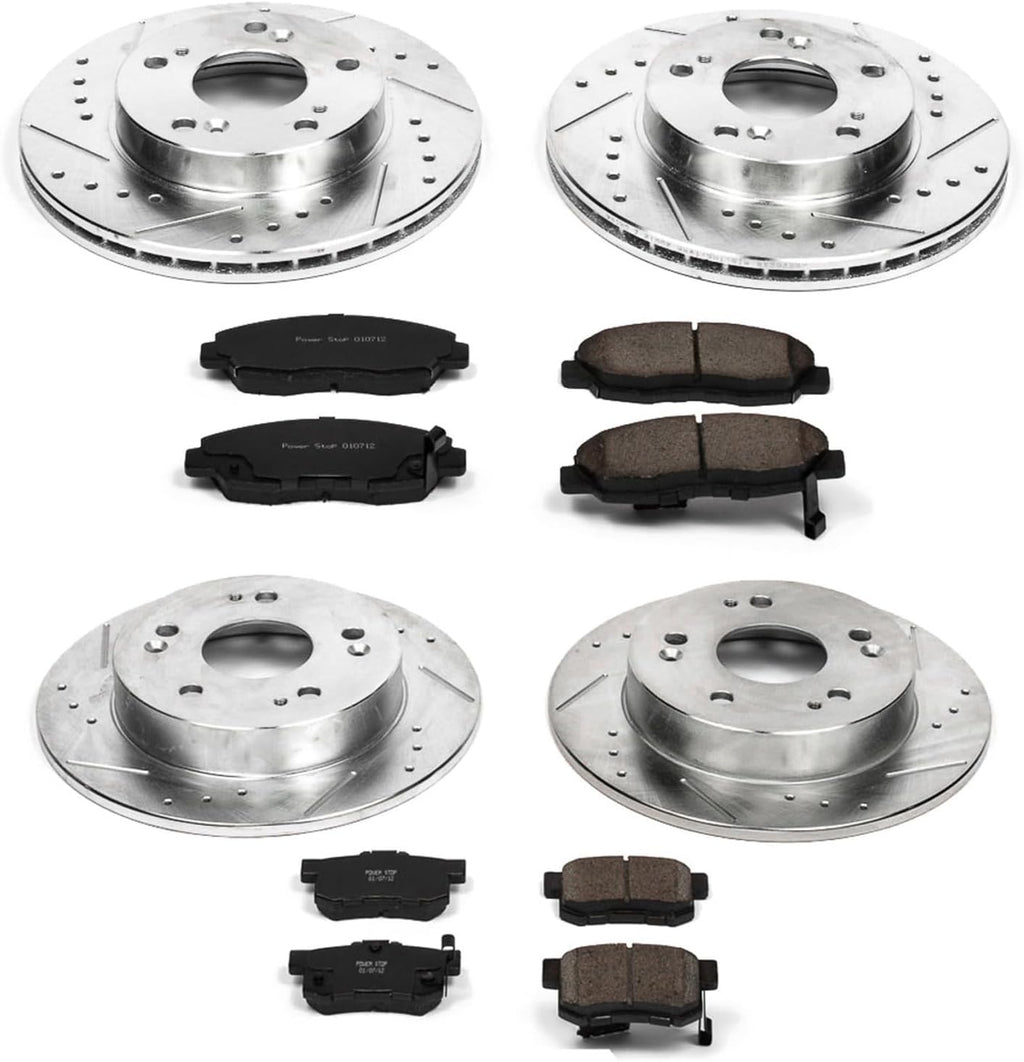 PowerStop Front and Rear Brake Kit for Honda Civic 2006-11 - Drilled and Slotted Disc Rotors with Carbon-Fiber Ceramic Brake Pads Replacement, K2385