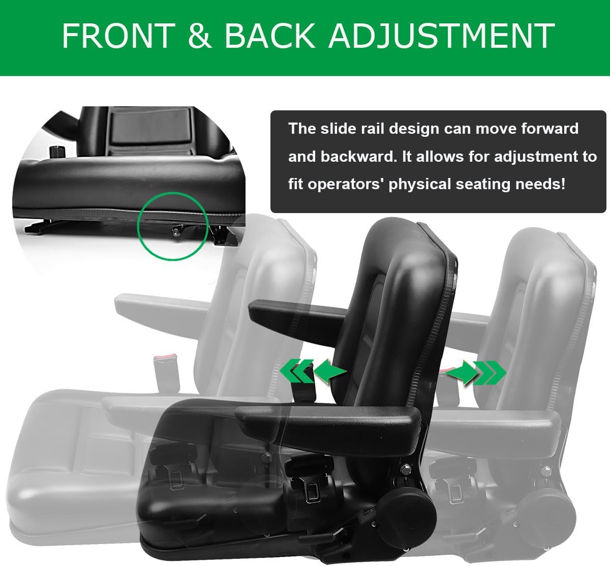 Tractor Seat,Universal Lawn Mower and Forklift Seat with Adjustable Back,Armrest,Slide Rail And Safety Belt,for Tractor,Mower,Excavator,Bucket,Dozer