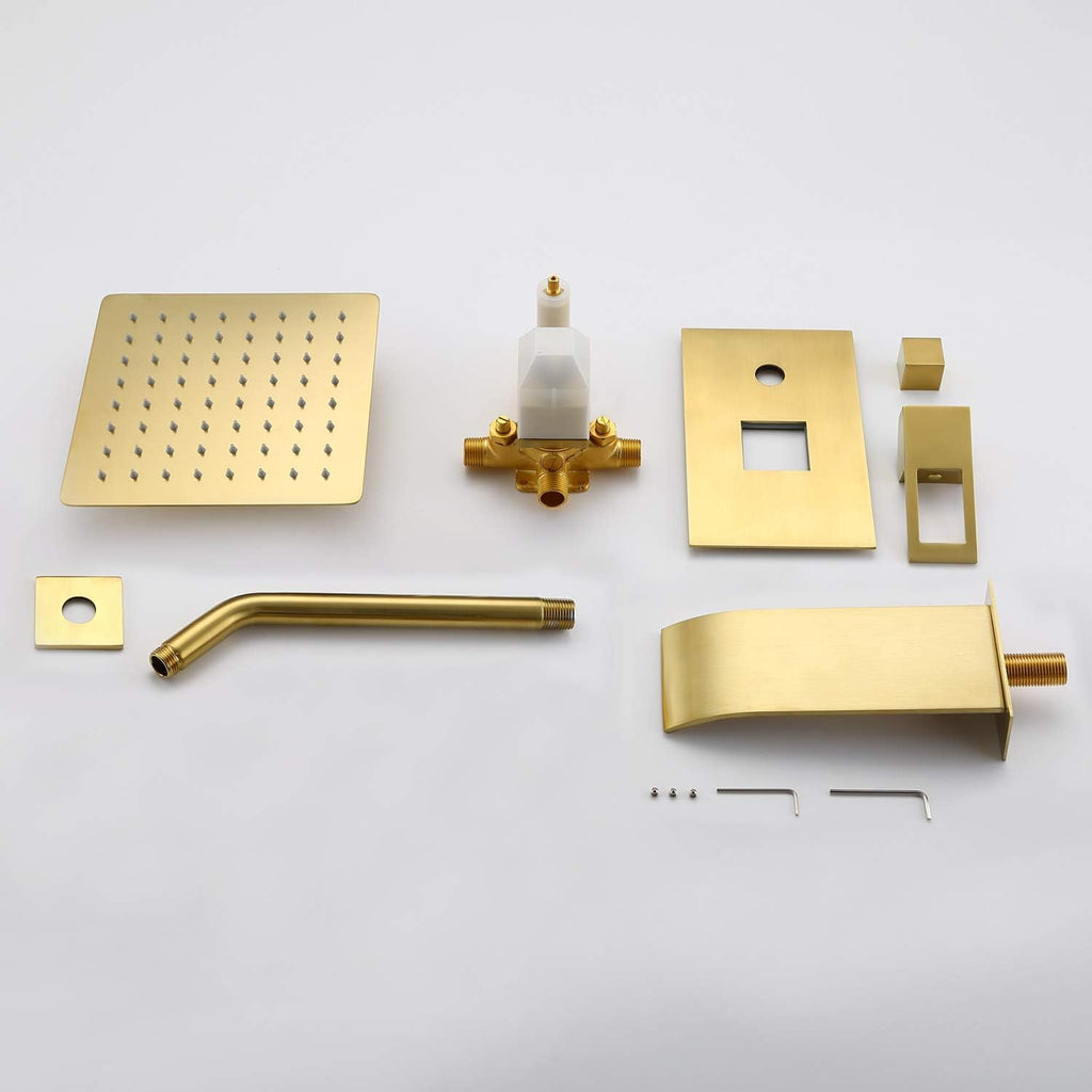 sumerain Wall Mount Tub and Shower Faucet Set Brushed Gold with 8 Inch Shower Head, Waterfall Tub Spout and Anti-scalding Pressure Balance Valve